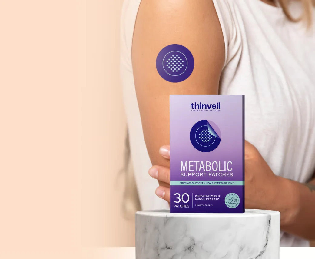 Woman wearing a Thinveil patch on her upper arm next to a box of Thinveil Metabolic Support Patches
